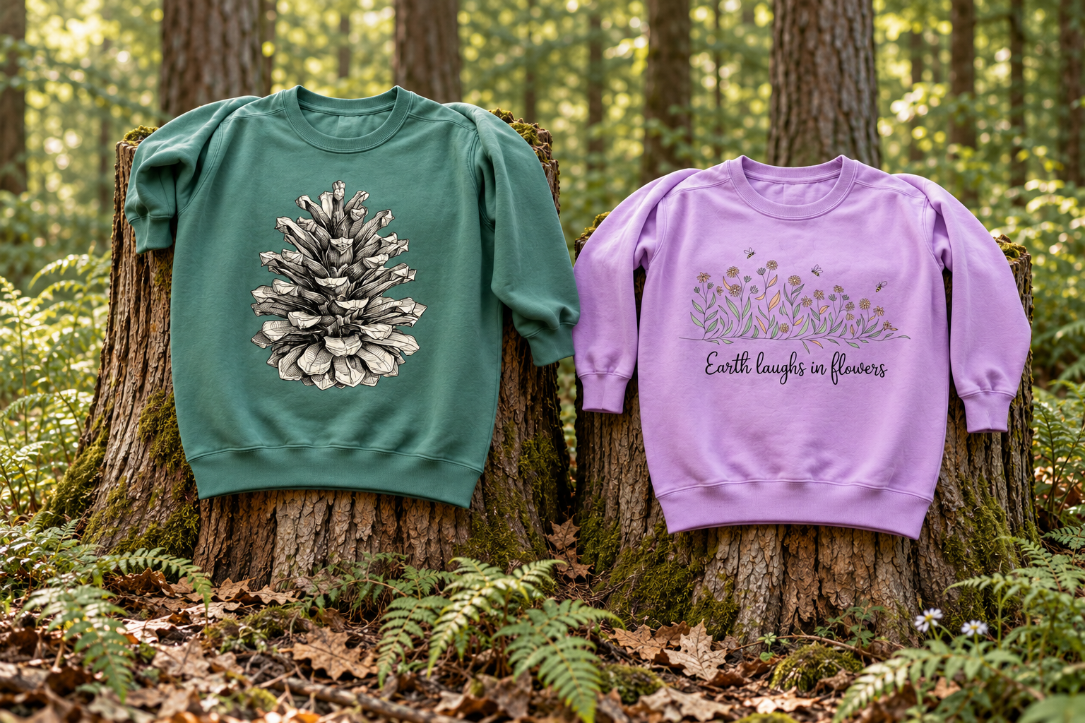 Light Green Pinecone and Orchid Earth Laughs in Flowers sweatshirts draped over two tree stumps in a woodland clearing