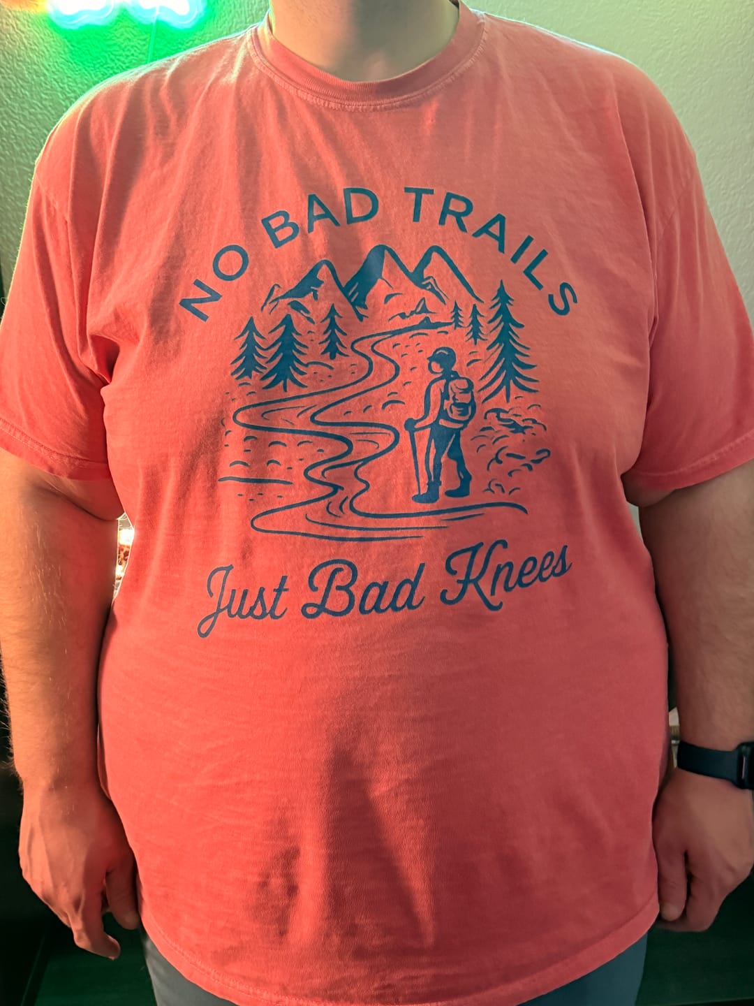 Blake wearing his Watermelon Bad Knees Comfort Colors tee in size 2XL