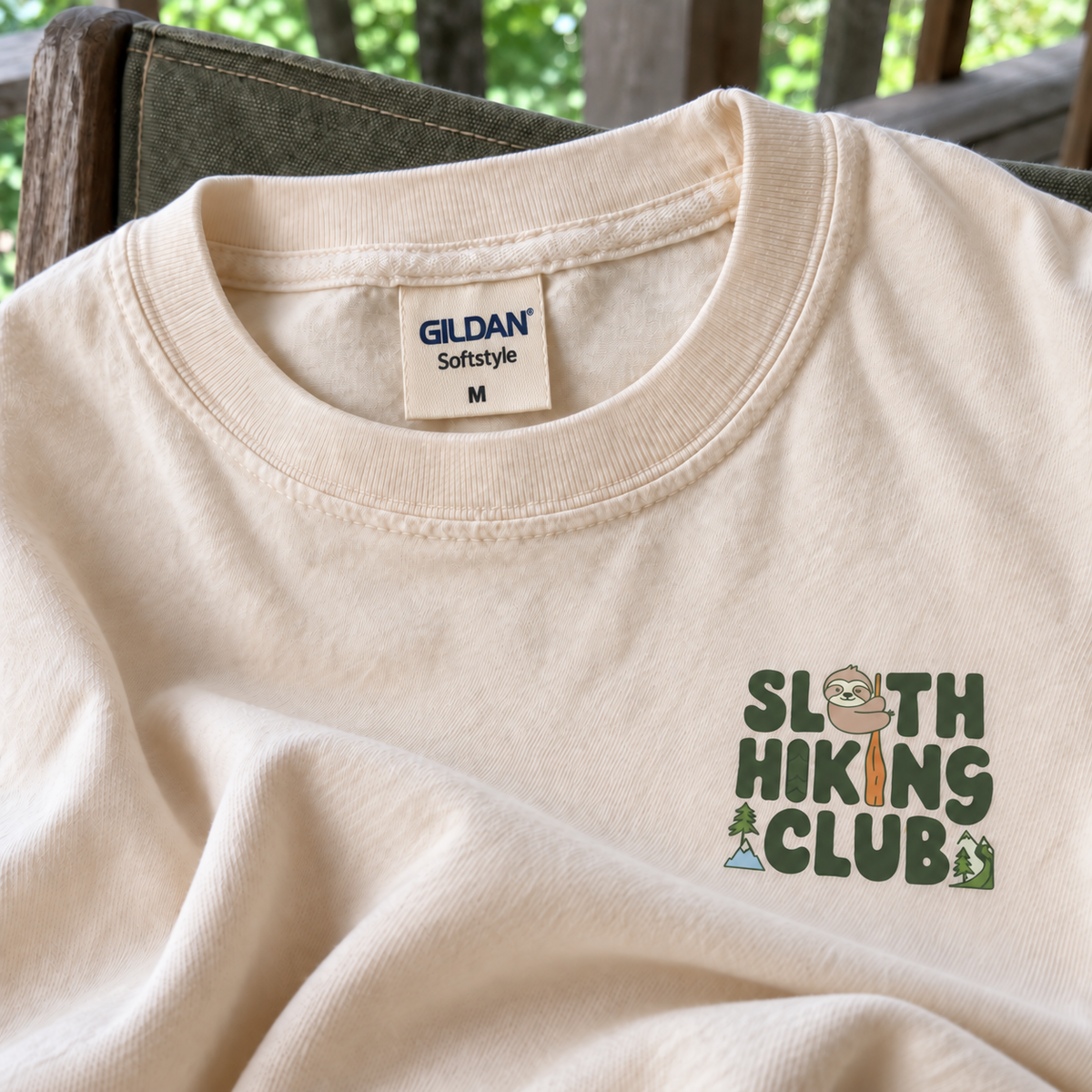 Cream Sloth Hiking Club tee with Gildan Softstyle neck label